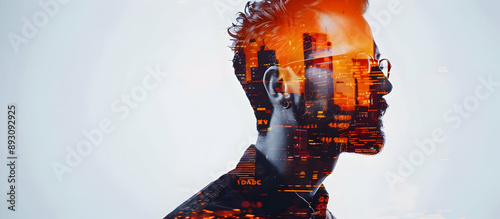 Double exposure of a man's silhouette with a cityscape, merging urban life and human presence in a creative blend.