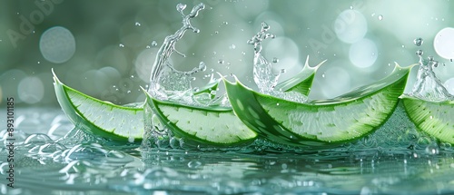 Aloe vera with splashing water, freshness concept, translucent slices, vibrant green