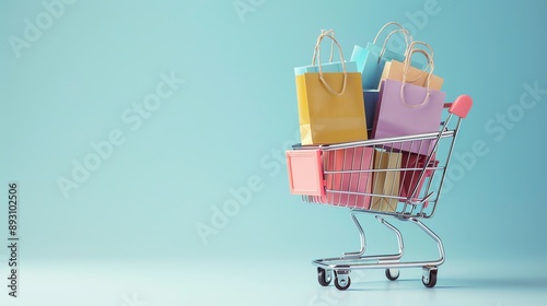 A miniature shopping cart filled with colorful shopping bags on a light blue background.