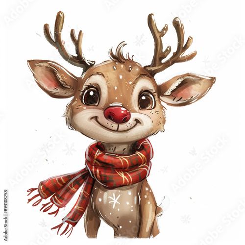 A cheerful reindeer with a holiday scarf designs for Print on Demand (POD) on a white background.