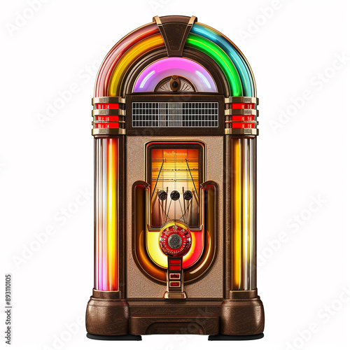 A retro jukebox with colorful lights designs for Print on Demand (POD) on a white background.