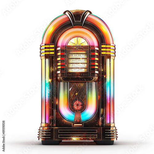 A retro jukebox with colorful lights designs for Print on Demand (POD) on a white background.