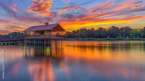 Illustration of Boathouse on Lake Tyler with clear sky, Texas with colorful clouds. Ai generated image