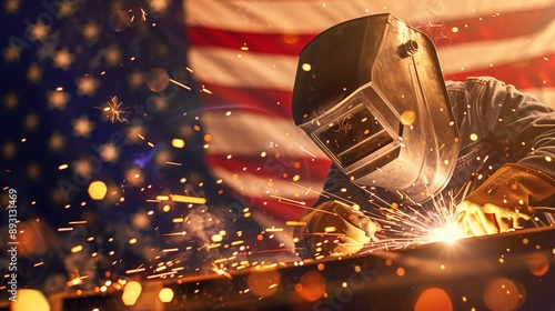 a welder at work, sparks flying, with an American flag background