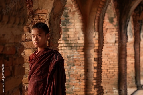 modern portrait of a young Asian monk walking in an ancient temple in Bagan. He has a radiant face and vibrant eyes. Dressed in a maroon robe, he stands near an archway made from red bricks. He is rea