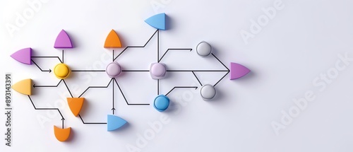 Colorful chart with interconnected arrows and shapes on a white background symbolizing process, flow and organization strategy.