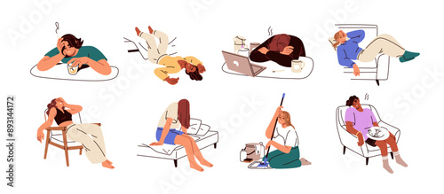Tired fatigue people set. Exhausted sleepy lazy overworked characters with low energy, tiredness, exhaustion. Apathy, weakness, burnout concept. Flat vector illustration isolated on white background