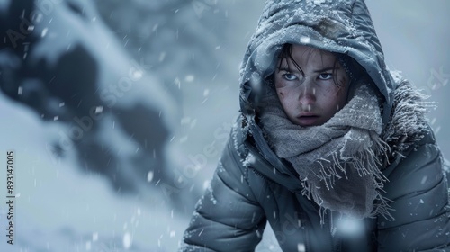 Survival theme: Girl in winter gear, snowy mountain, intense expression, frostbite, snow boots, rugged terrain, dramatic lighting, cinematic composition.