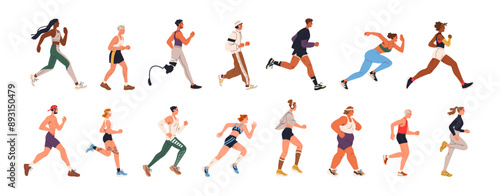 Jogging and running people set. Diverse active healthy characters, sport and cardio exercise. Old and young runners, joggers, sports activity. Flat vector illustration isolated on white background