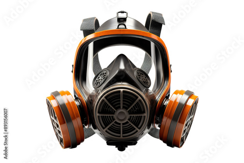 A Close Up View of a Full Face Respirator Mask With Orange Trim, Isolated on a White Background on a Clear PNG or White Background.