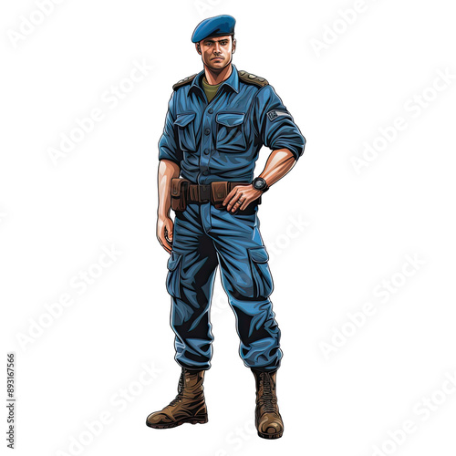 An illustration of a soldier man wearing a blue beret with one hand on his hip