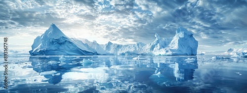 The landscape of the Arctic ocean with melting glaciers and pieces of ice.