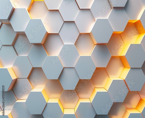 Abstract background with white hexagonal shapes and warm yellow glow. Modern and minimalist design. Perfect for technology, science, and architecture.