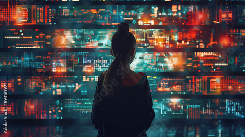 young woman stands in front of an illuminated wall with many digital screens, showing various data and graphs futuristic and technology