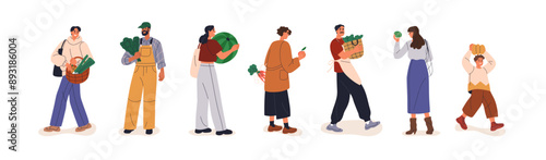 People walking, carrying healthy organic produce, natural vegetable. Characters holding farm fresh products, food. Happy buyers going from market. Flat vector illustration isolated on white background