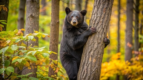 Black bear climbing a tree, claws gripping the bark, with a background of thick underbrush and fallen leaves.