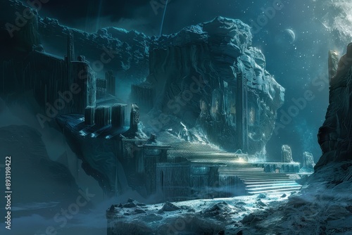 Mysterious temple ruins in a frozen landscape with glowing blue crystals