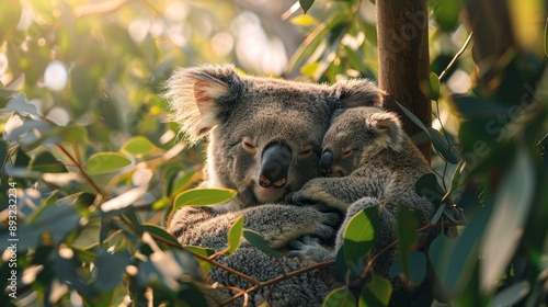 A koala and its joey cuddle in a eucalyptus tree under warm sunlight surrounded by lush green leaves in their natural habitat.