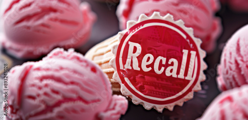 Red recall label on ice cream scoops in a pink and cream color background. Food safety alert, product recall, consumer protection, food manufacturing issues, defective product warning.