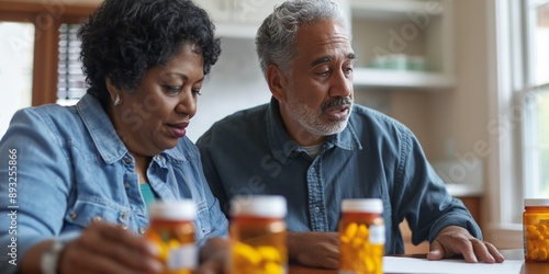 A mature couple at home, managing health care and support together, focusing on wellness and medication.