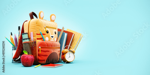 Funny school backpack with alarm clock and school equipment. Back to school concept on blue background with copy space. 3D Rendering, 3D Illustration