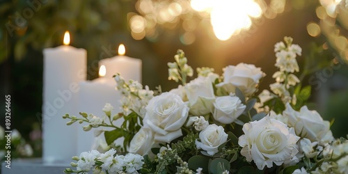 Funeral white flowers and white candles near the memorial outdoors close-up