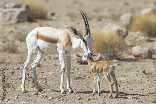 An adult springbok licking her two week old lamb in the Kalahari Desert in Africa.