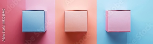 Three colorful boxes arranged on a vibrant background, ideal for presentations, marketing, or packaging concepts.