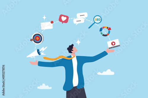 Marketing manager, online advertising, social media content or promotion campaign, customer or consumer target audience, branding communication concept, businessman holding viral marketing elements.
