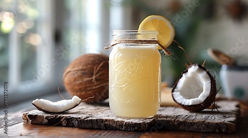 Fresh coconut water kefir in mason jar, 