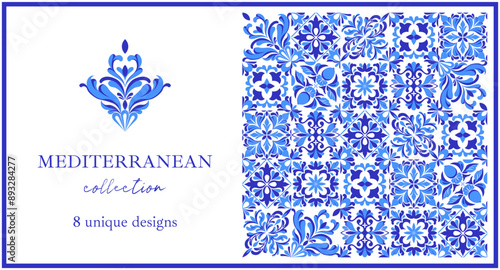 Italian ceramic blue and white tile pattern. Mediterranean porcelain pottery. Ethnic folk ornament. Mexican talavera, portuguese azulejo, spanish majolica, arabesque motif. Vector illustration