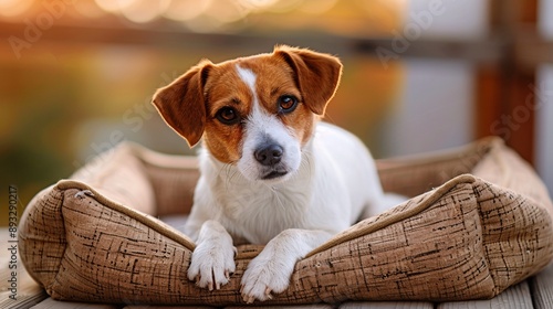 Detailed depiction of a cozy pet bed with a dog laying comfortably in it centered with empty space around the edges Stock Photo with copy space