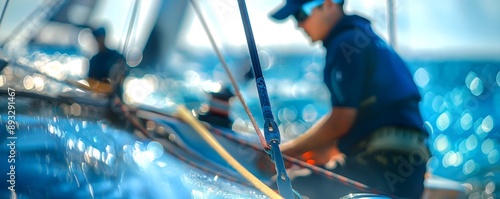 Professional sailor Americas Cup team close-up of people working on a catamaran navigating a catamaran on a sunny day