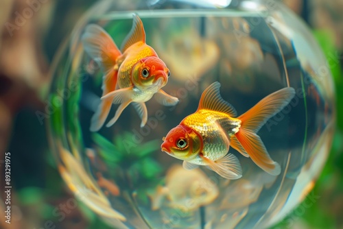 Two goldfish swim in a fishbowl.