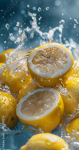 Close-up of fresh lemons splashing in water, capturing their vibrant color and texture. Ideal for food, freshness, and citrus-themed projects.