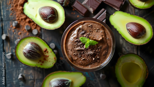 Delicious avocado chocolate mousse topped with mint, surrounded by fresh avocados and chocolate pieces on a rustic wooden table.