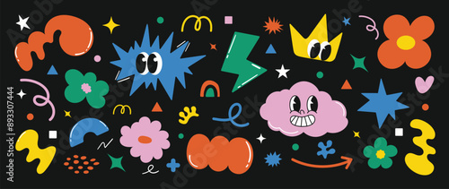 Set of funky groovy element vector. Collection of cartoon characters, cute doodle dawn, sparkle, cloud, crown, flower, thunderbolt. Retro hippie design for decorative, sticker, toys and kids.