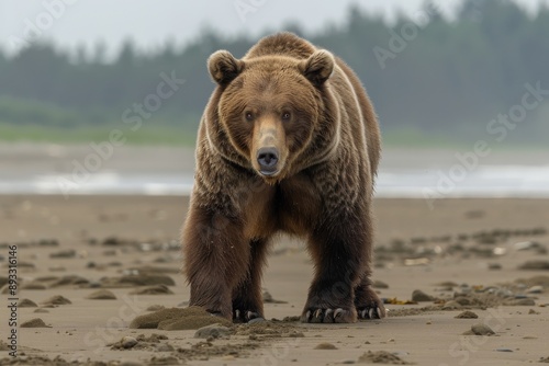 A Younger Grizzly Bear skulks low to the sand while passing by without losing eye contact