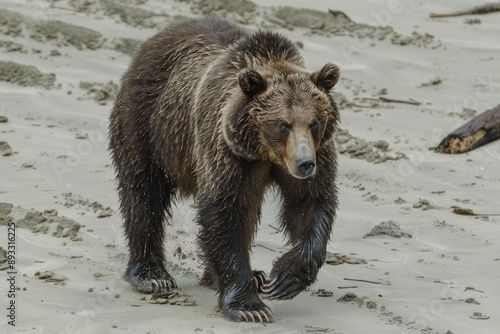 A Younger Grizzly Bear skulks low to the sand while passing by without losing eye contact