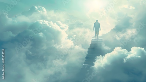 person walking up a stairway to the sky, surrounded by clouds, symbolizing the journey to the afterlife