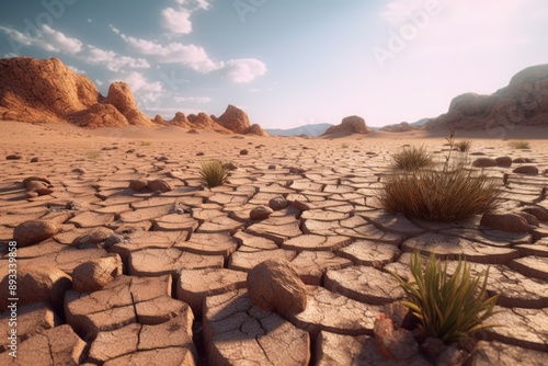 Arid Desert, Cracked Ground and Dying Vegetation in Drought