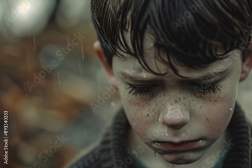 Young boy with freckles closing eyes and crying in the rain