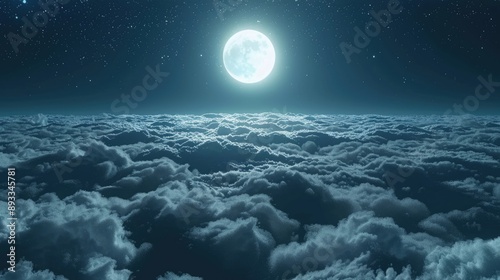 3d rendering of full moon shining above the clouds at night sky background.