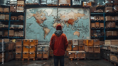 warehouse worker stands with his back to us, in front of a world map showcasing global trade interactions. Realistic, cinematic photo with sharp focus