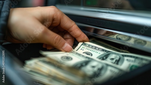 Closeup of a hand placing money in a business cash box, financial transaction, wealth security, photo realistic