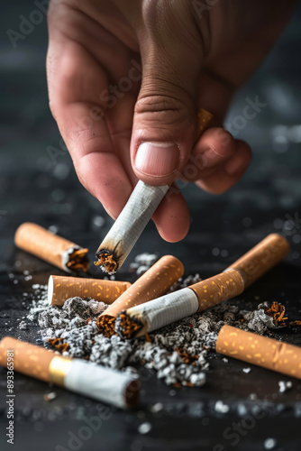 Close-up of hand holds cigarette butt extinguished in ashtray with smoke and ash. Concept of quit smoking. Nicotine addiction in smokers