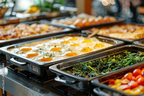 Hotel breakfast buffet with eggs and spinach in heating trays