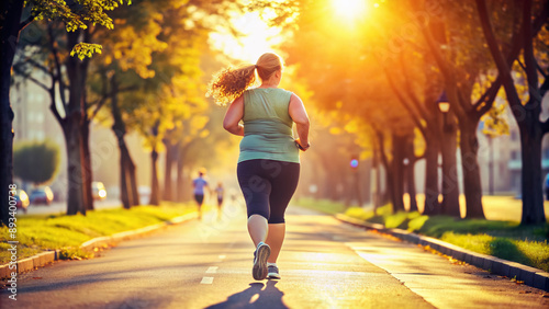 A sunny street scene with a solitary jogging path and blurred background, symbolizing a determined overweight young woman's journey to fitness and wellness.