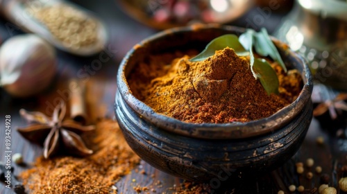 A bowl of garam masala spice blend, showcasing the aromatic ingredients used in Indian cuisine.