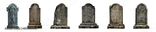 Collection of tombstones or gravestones isolated on a transparent background, cut out, PNG